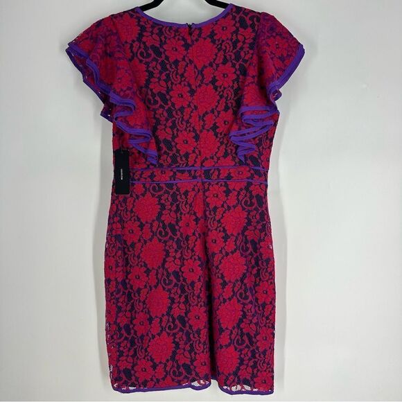 LULU’S Under the Stars Deep Plunge Purple and Red Lace Ruffle Mini Dress Sz M - Picture 6 of 8